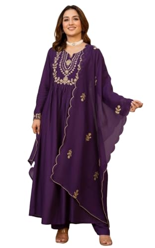 Nermosa Women Embroidery Solid A-Line Kurta and Pant Set with Dup...
