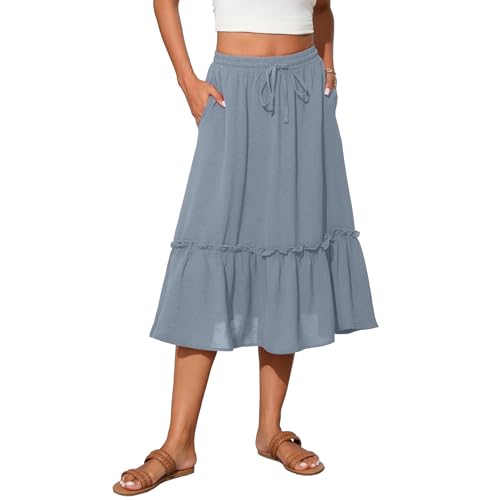 Witsmile High Waist Tiered Skirts for Women Flowy Skirts for Women Below Knee with Pockets 2026 Fashion(Light Blue,2XL)