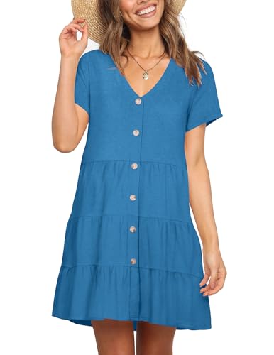 Image of Nova In Sky Women's Summer Dresses 2026 Short Sleeve V-Neck Casual Loose Swing Button Down Casual T Shirt Dresses