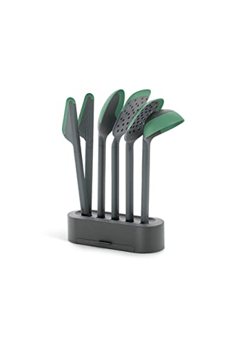 Lékué Set 5 Utensilios de cocina (Cuchara, Cucharón, Espátula, Espumadera y Pinzas) con base, Colección Essential