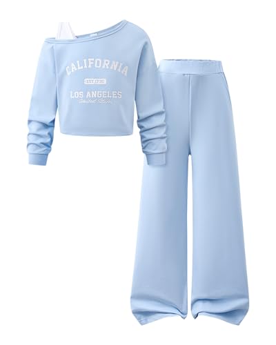 Kxuryueo Girls 2 Pieces Sweatsuit Graphic Letter Off the Shoulder Sweatshirts and Baggy Sweatpants Casual Outfits Size 13 14