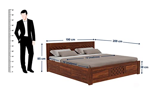 Image of Ganpati Arts Solid Sheesham Wood King Size Raj Bed with Box Storage for Home Wooden Double Beds for Living Room Bedroom (Natural Finish) 1 Year Warranty