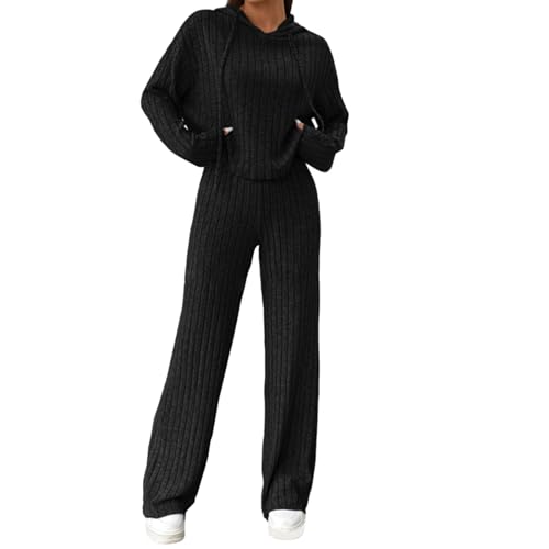 FeMereina Damen Sommer 2-teiliges Strick-Loungewear gerippter Strick-Kapuzenpullover und weite Beine, Trainingsanzug, Freizeit-Outfits, Schwarz , S