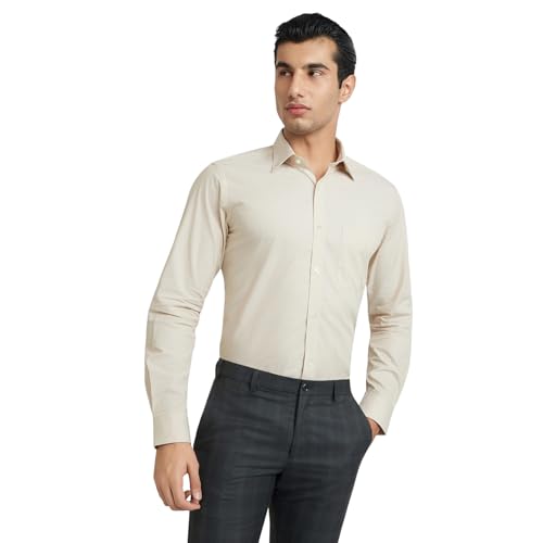 Image of Raymond Men Slim Fit Solid Pattern Pure Cotton Semi Cutaway Collar Full Sleeve Formal Shirt