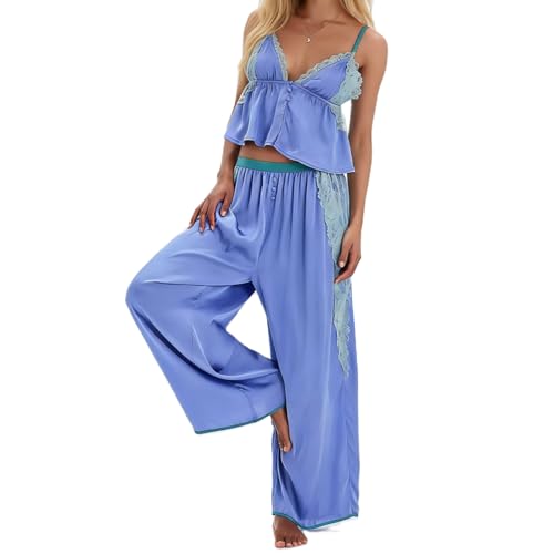 Giraropa Womens Lace Trim Satin Set 2 Piece Ruffle Cami Tops and Wide Leg Pants Lounge Outfits Pjs...