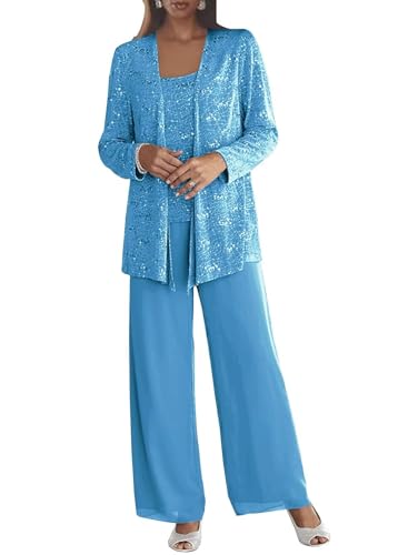 Dressy Pant Suits for Wedding Sparkly Sequin Outfit with Sleeves 3 Pieces Mother of The Bride with Jacket for Women BE01 Blue Size 10