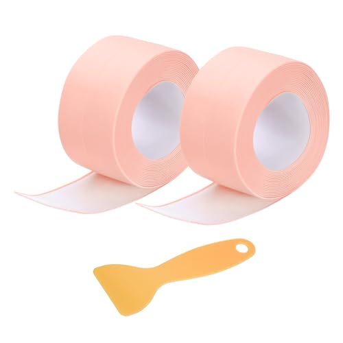 Image of uxcell 2 Rolls Caulk Tape, Caulking Strip Tape, 1.5 inch x 10.5Ft PVC Waterproof Self-Adhesive Sealing Tape for Kitchen Bathroom Toilet Sink Floor Corner Edge with Sealing Tool, Pink