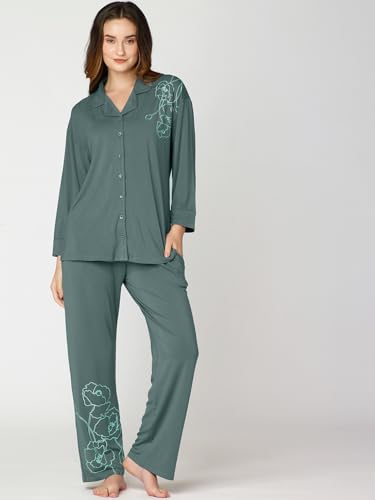 Image of Night Suit for Womens Floral Printed Modal Night Dress of Shirt and Pajama Set 9365