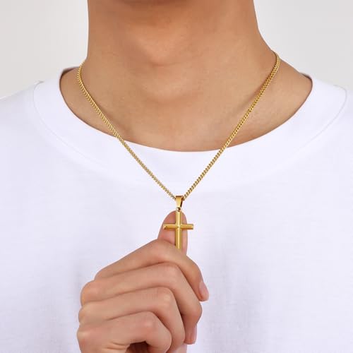 Image of Fiusem Silver Tone /Black /14K Gold Plated Cross Necklace for Men, Beveled Edge Pandent Mens Necklace, 3.5MM Stainless Steel Cuban Chain, 16-24 Inches Jewelry Gifts