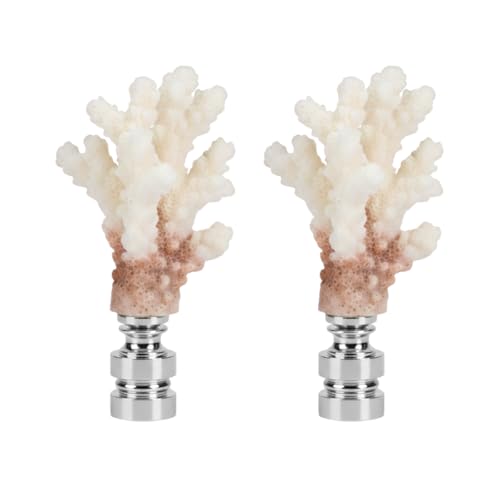 Image of Royal Designs, Inc. Sea Life Lamp Finial, Medium Coral, Two-Tone White, Polished Silver Base, Replacement Finial for Table or Floor Lamps, Set of 2