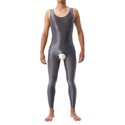 Mono de nailon brillante para hombre, sexy, erótico, de una pieza, oversiezde, ligero, leotardo de cuerpo completo, pantimedias apasionadas, ropa de dormir brillante, O gris., M