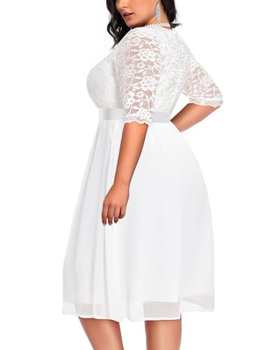 Image of Pinup Fashion Plus Size Lace Chiffon Wrap V Neck Dresses Women Cocktail Wedding Guest Midi Dress