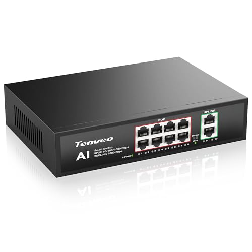 Interruptor Tenveo Power Over Ethernet Switch PoE+ 8 Puertos Gigabit, 120W, 2 Uplink, Gestión Inteligente, VLAN, Carcasa Metálica   Ideal para Cámaras IP, Streaming y Redes Empresariales