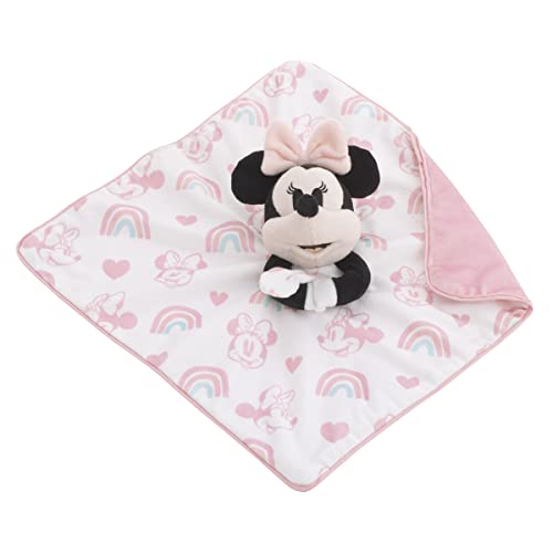Image of Disney Minnie Mouse White, Pink, and Aqua Rainbow and Heart Lovey Security Blanket