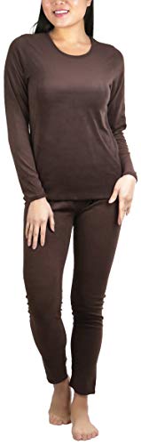 ToBeInStyle Women's Soft Velvet Long Sleeve Top and Bottom Thermal Set - Coffee - L/XL