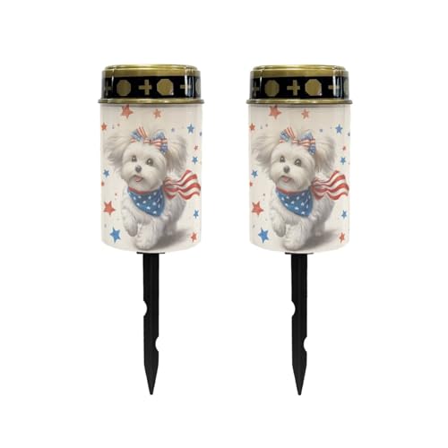 Image of Poceacles Maltese Dog American Flag Star Solar Powered Outdoor Lights 4th of July Cemetery Solar Memorial Lights Outdoor Waterproof Landscape Candles for USA 250th Anniversary Decor, 2 PCS