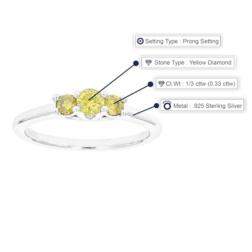 1/3 cttw 3 Stone Round Yellow Diamond Engagement Ring .925 Sterling Silver Prong Set4