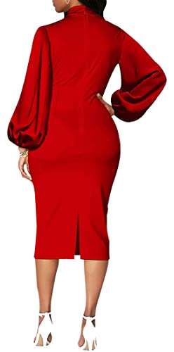 Image of Sexy Long Sleeve Dress for Women Solid Color Bow Knot Turtleneck Formal Gown Midi Casual Church Dresses