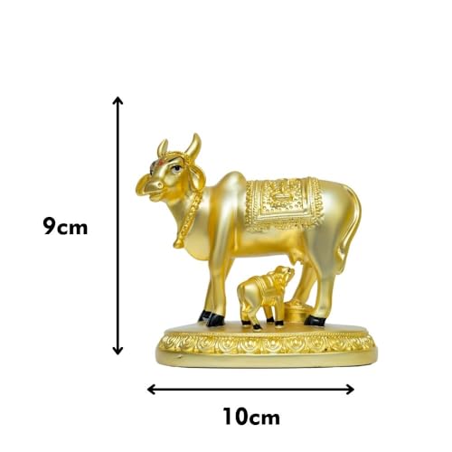 Image of Gold Plated Kamdhenu Cow with Calf Idol | Matte Finish Gau MATA Statue for Home & Pooja | Sacred Cow & Calf Figurine | Ideal Gift for Festive & Spiritual Occasions | 9 x 6 x 10 cm