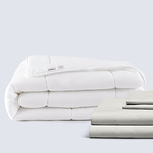Everspread Perfect Percale Bedding Bundle - 4 Piece Sheet Set (Queen, Light Beige) & Goose Down Comforter (Queen) #TOP7