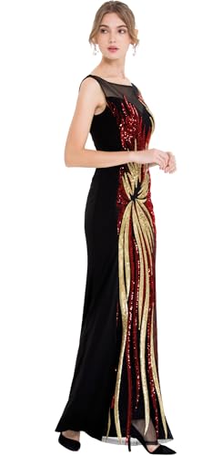 Image of ANGEL FASHIONS Women's Sheer Gold Sequined Black Splicing Evening Dress