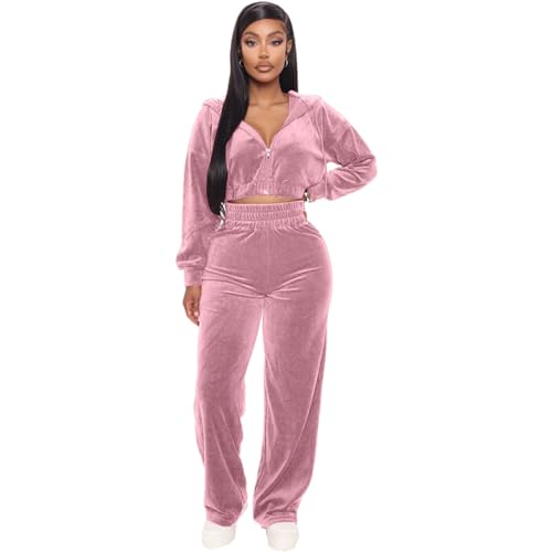 aromm Mujer Terciopelo Dos Piezas Chándal Sudadera con Cremallera Crop Top Pierna Ancha Pantalones Deportivos Rosa,L