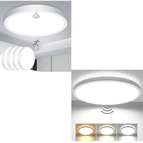 slochi 1 Pack 12Inch 3CCT + 4 Pack 7 Inch 5000K Wired Motion Sensor Light, Flush Mount Ceiling Light Fixture for Pantry Hallway Stairwell Porch, White Cover