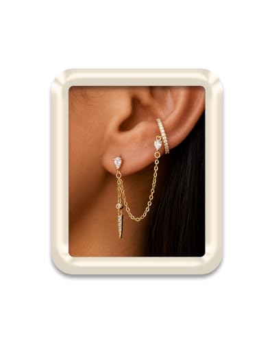 XENORI Gold Chain Earrings for Women, Trendy 14K Gold Plated Ear Cuff with Chain, Dangle Drop Stud Earrings, Stacked Huggie Hoop, Cubic Zirconia Dainty Tassel Hypoallergenic Jewelry Gifts