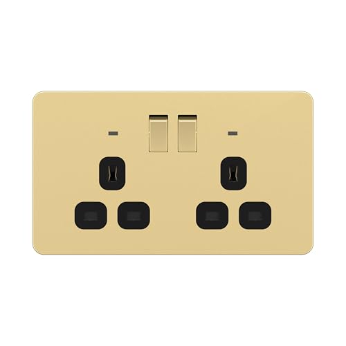 LIDER 2-Gang Switched 13A Socket with LED Power Indicators Double-Pole Plug Socket with Child-Proof Shutters Screwless Plastic Plate Cover UKCA Certified Thermoplastic Gold