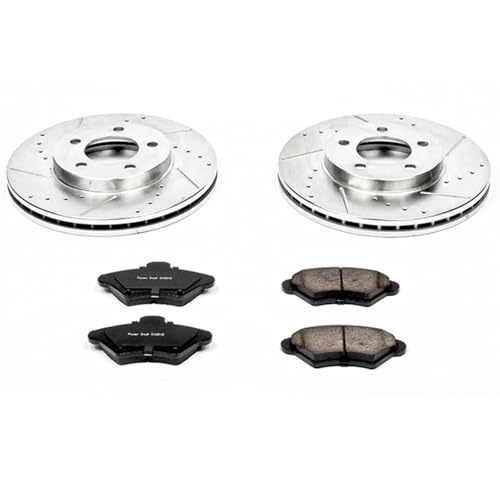 Image of PowerStop Front Brake Kit for Ford Thunderbird 1993-97 | Mercury Cougar 1993-97 - Drilled and Slotted Disc Rotors with Carbon-Fiber Ceramic Brake Pads Replacement, K1325
