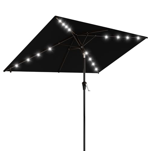 Image of AreShark 6.5' x 10' Rectangular Patio Umbrella with Solar Lights, Solar Powered Lighted Market Umbrella w /Tilt and Crank, Outdoor Table Umbrella for Garden, Deck, Backyard, Pool and Beach, Black
