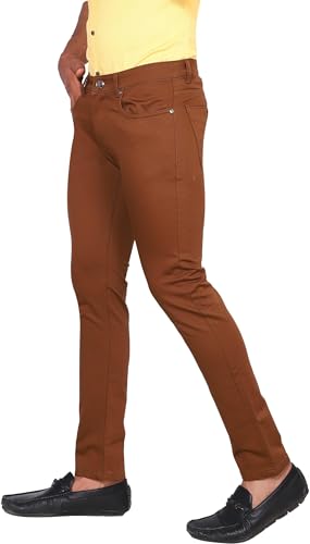 Image of Men's Brown Slim Fit Casual Trousers, Stretch Denim, Men Casual Trousers, Mens Pants, Trousers, Regular Men Trousers, Brown Pants