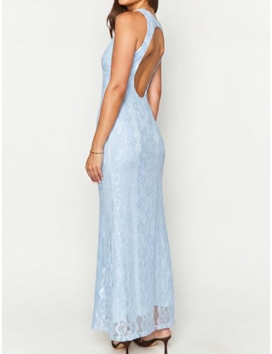 Image of Elegant Lace Floral V Neck Backless Bodycon Dresses for Women Sexy Cut Out Low Back Sleeveless Maxi Dress Wedding Guest