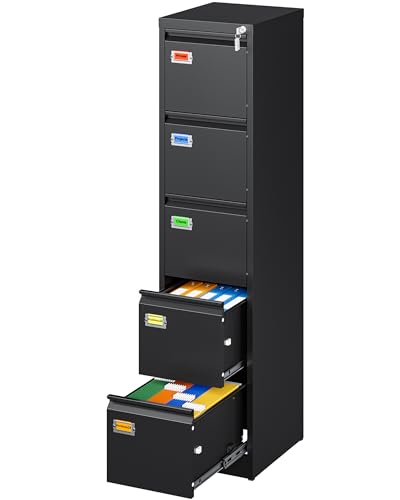PEUKC 5-Drawer File Cabinet, 16.3' Deep Vertical Metal Filing Cabinet with Lock for Home Office, Anti-Tip 5 Storage Drawers for Letter/Legal/A4/F4 Size (Assemble Required, Black)
