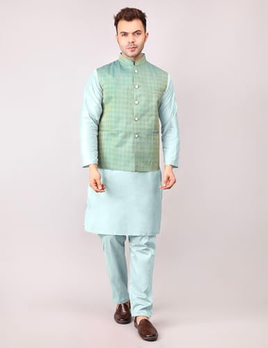 Image of Men's Cotton Silk Blend Regular Kurta Pyjama, Embroidered Nehru Jacket /Waistcoat Set