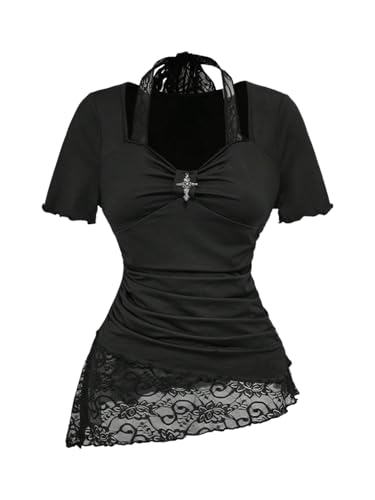 SOLY HUX Women's Y2k Grunge Goth T Shirts Short Sleeve Lace Halter Tee Tops Fairy Festival Rave Outfits