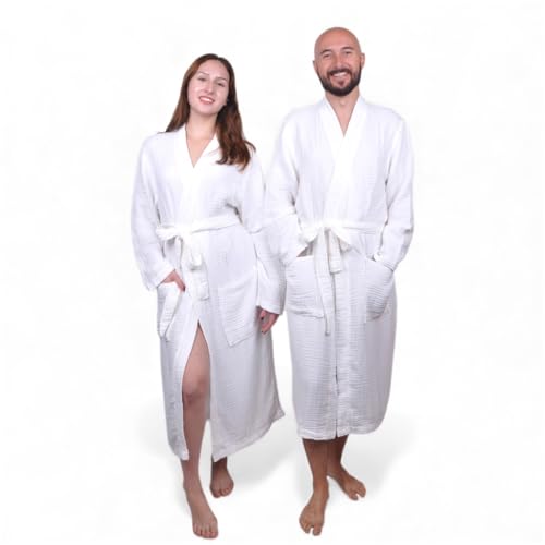 Image of Muslin Bathrobe - Cotton Gauze Robe for Women and Men - Lightweight Breathable Summer Kimono - Boho Spa /Maternity Robe