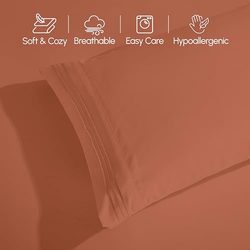 Image of Elegant Comfort Luxurious 1500 Premium Hotel Quality Microfiber Three Line Embroidered Softest 4-Piece Bed Sheet Set, Wrinkle and Fade Resistant, Full, Coral