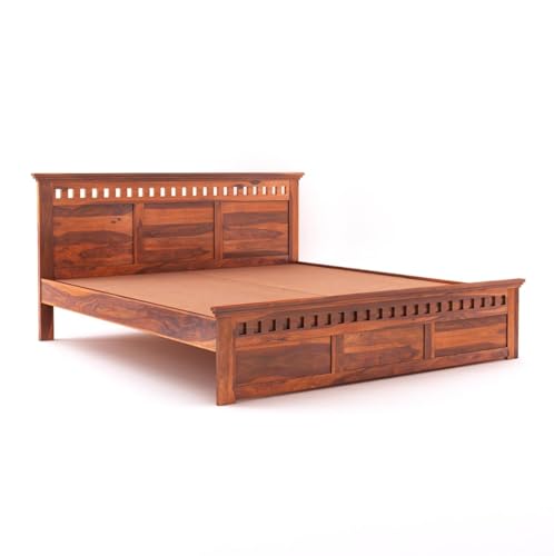Image of Sheesham Wood Bed Without Storage Solid Wooden Cot Double Bed Furniture Elegant and Functional Bedroom Living Room Home Palang (Golden Brown with Natural Wood Grains, King)