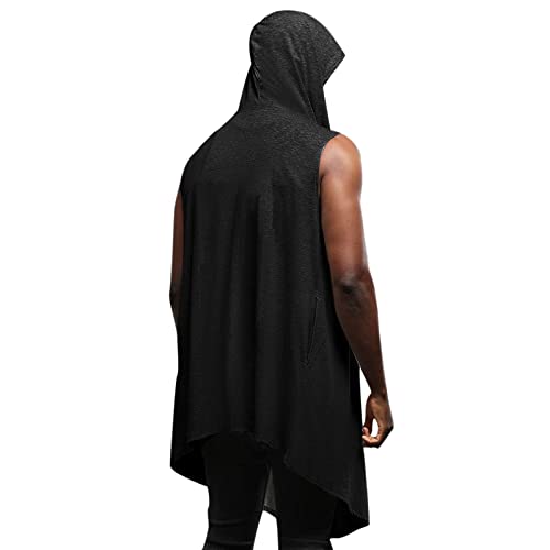 Men's Ruffle Shawl Collar Cardigan Hooded Sleeveless Open Front Vest Lightweight Cotton Long Length Drape Cape(Black,Xx-Large) #TOP3