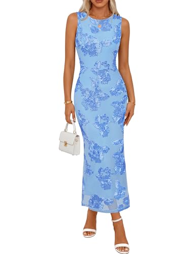 MEROKEETY Women's Summer Floral Bodycon Maxi Dress 2026 Slit Mesh Sleeveless Formal Wedding Guest Cocktail Party Long Dresses, Blue, Large