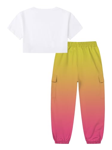 Image of Betusline Girls 2 Piece Set, White Cute Short Sleeve Crop Tops + Yellow Orange Gradient Cargo Jogger Pants Clothes, 4-5T = Tag 120