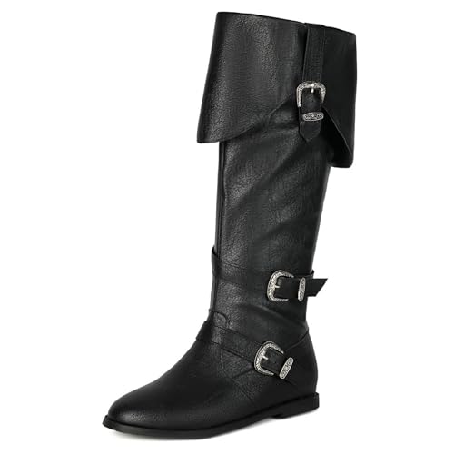 Betastella Womens Pirate Costume Boots Medieval Renaissance Knee High Flat Boots Buckle Vintage Halloween Cosplay Shoes, Size 8.5, Black by Betastella - Used condition - US$49.29