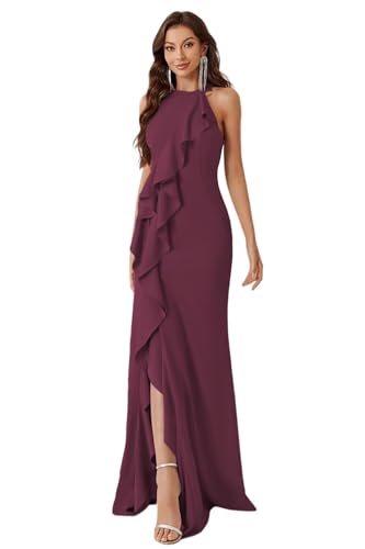 Ruffle Bridesmaid Dresses for Women with Slit Halter Chiffon Mermaid Long Formal Prom Dress AD112