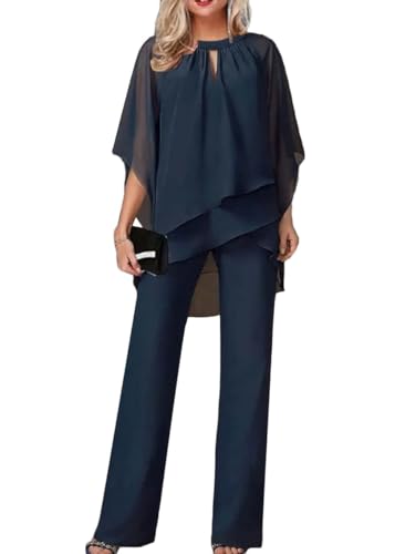 Generisch Traje de pantalón para mujer, de tul, juego de dos piezas con camisa de gasa y cintura alta, elegante, vintage, traje de 2 piezas para cóctel, fiesta, traje de pantalón para mujer, seda, A