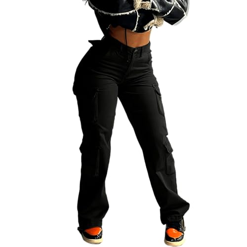 Women Mid Waisted Cargo Jeans Flap Pocket Straight Wide Leg Casual Baggy Boyfriend Denim Streetwear Pants