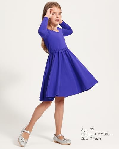 Image of Stelle Long Sleeve Girls Dress Toddler Dresses Skater Twirl Cotton A-Line Dress for School Casual | Criss Cross Back,Crew Neck,High Waist,Spinny Swing,Stretchable,Spring Fall Winter,Casual School Birthday Dance