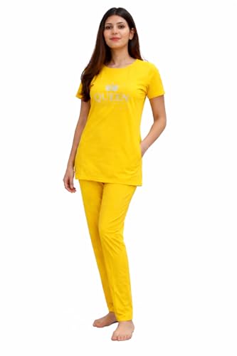 Image of KIAWAH Women's Cotton Night Suit, Long Top and Pajama Set, Round Neck, Short Sleeve,