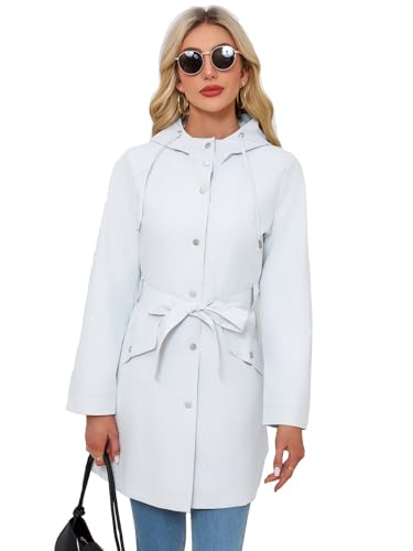 SotRong Wasserdichter langer Trenchcoat für Damen, mit Gürtel, Regenmäntel mit Kapuze, leicht, verstaubar, stilvolle Regenbekleidung, Oberbekleidung für alle Jahreszeiten,...