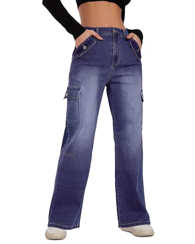 FITTOO Cargo Jeans for Women High Waisted Wide Leg Denim Pants with 6 Pockets Y2K Casual Pants Trousers